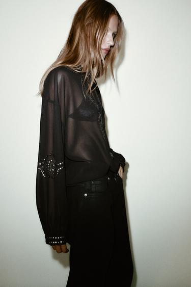 SEMI-SHEER BEADED BLOUSE - Black by Zara - Image 4