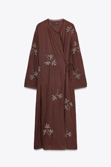 ZW COLLECTION EMBROIDERED LINEN KIMONO - Burgundy by Zara - Image 8