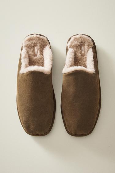 COSY LEATHER SLIPPERS - Khaki Green by Zara