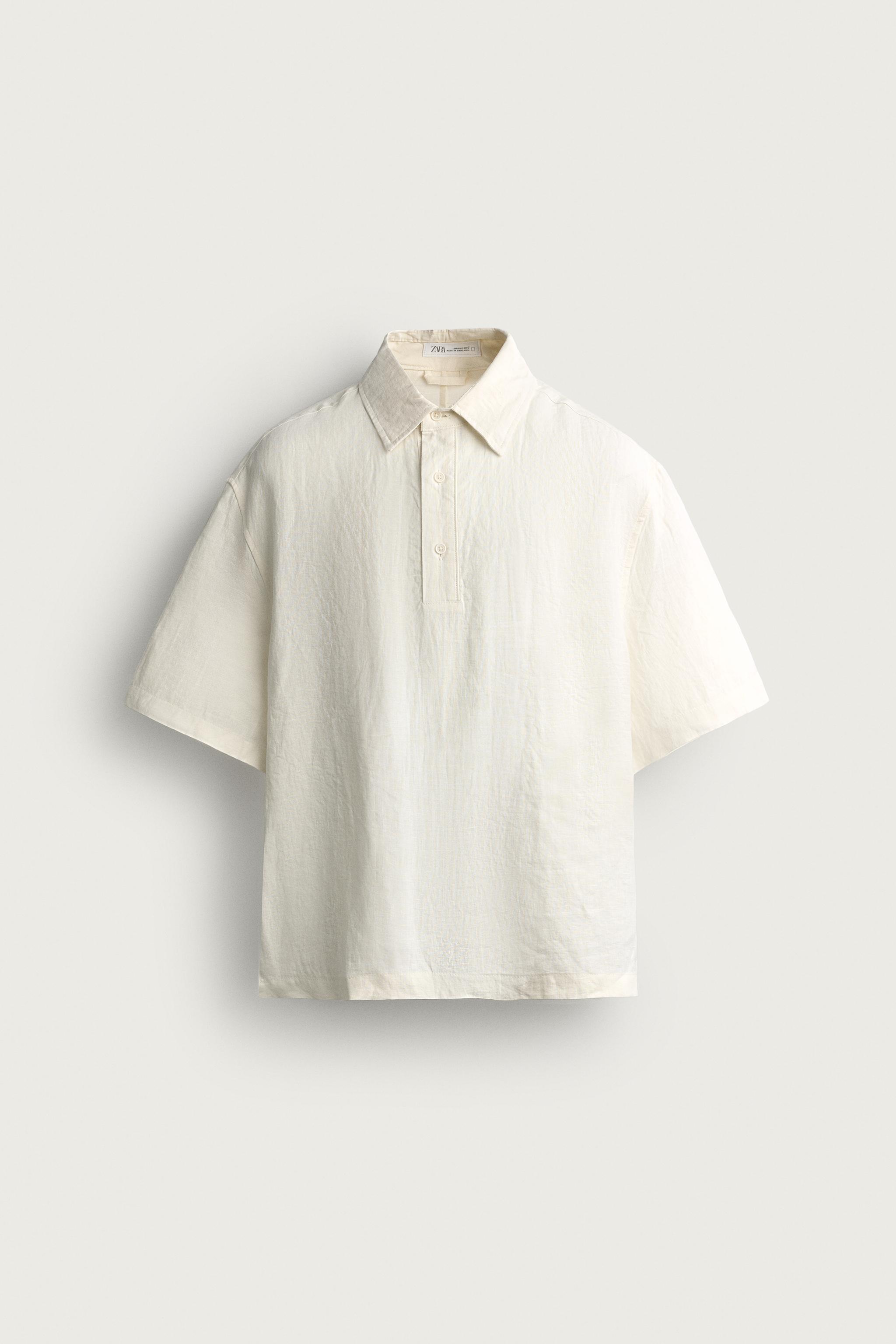 100% LINEN BOXY FIT POLO SHIRT — Ecru