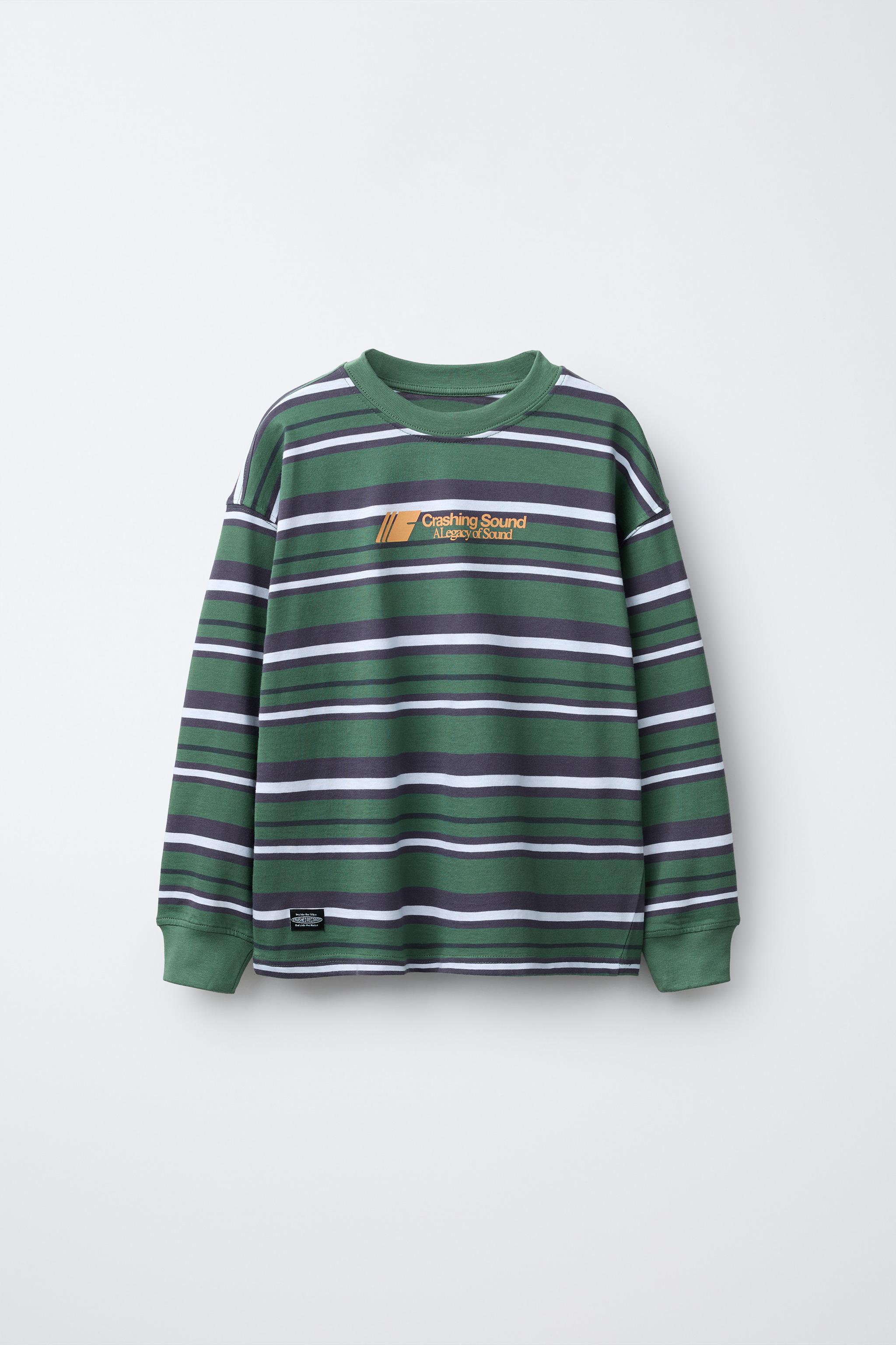 WOVEN STRIPE TEXT T-SHIRT - GREEN | ZARA United States
