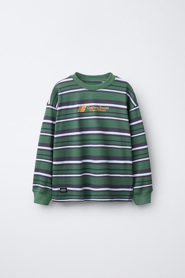 WOVEN STRIPE T-SHIRT WITH SLOGAN - GREEN by Zara