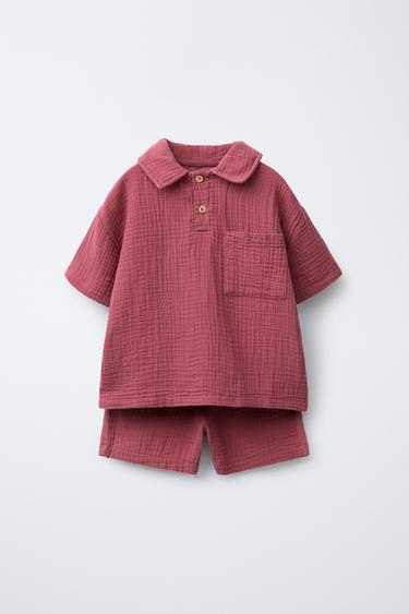 Zara TEXTURED POLO SHIRT AND SHORTS JOGGING SET - Burgundy