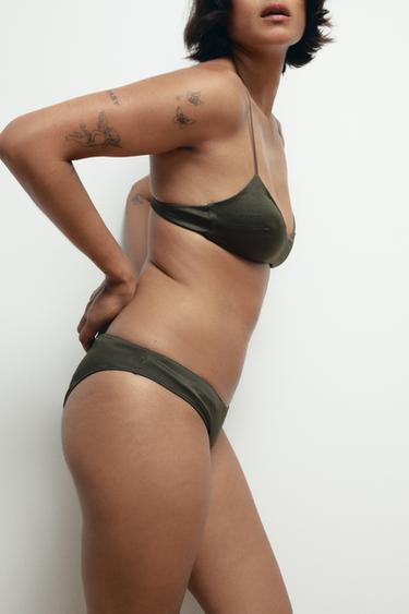Zara TEXTURED BOTTOMS WITH SILK - Dark khaki