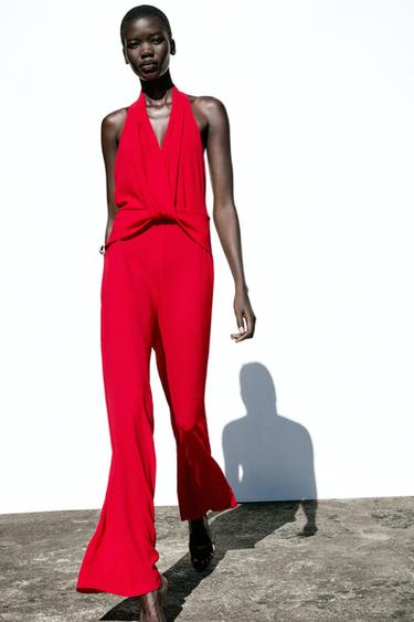 Zara HALTER KNOT JUMPSUIT - Red
