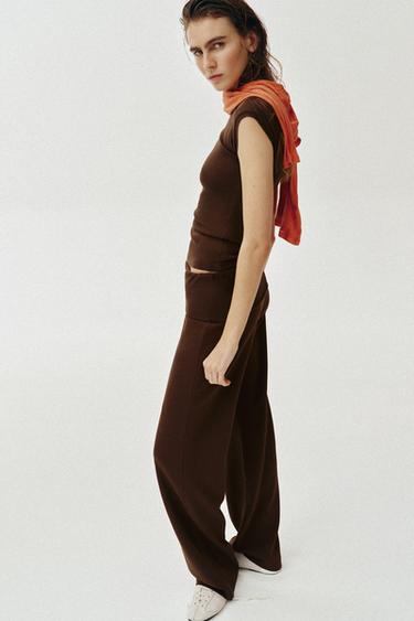 WASHED-EFFECT INTERLOCK TROUSERS - Brown by Zara