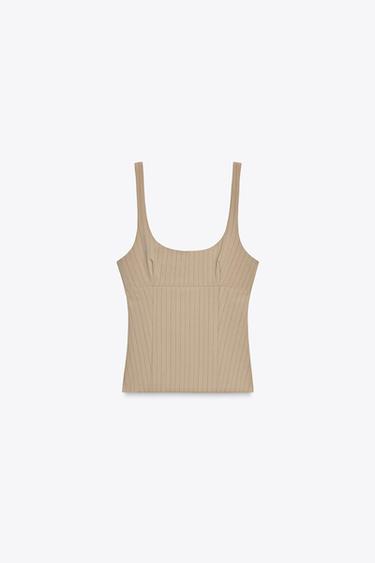 Zara STRIPED OPEN BACK TOP - taupe brown