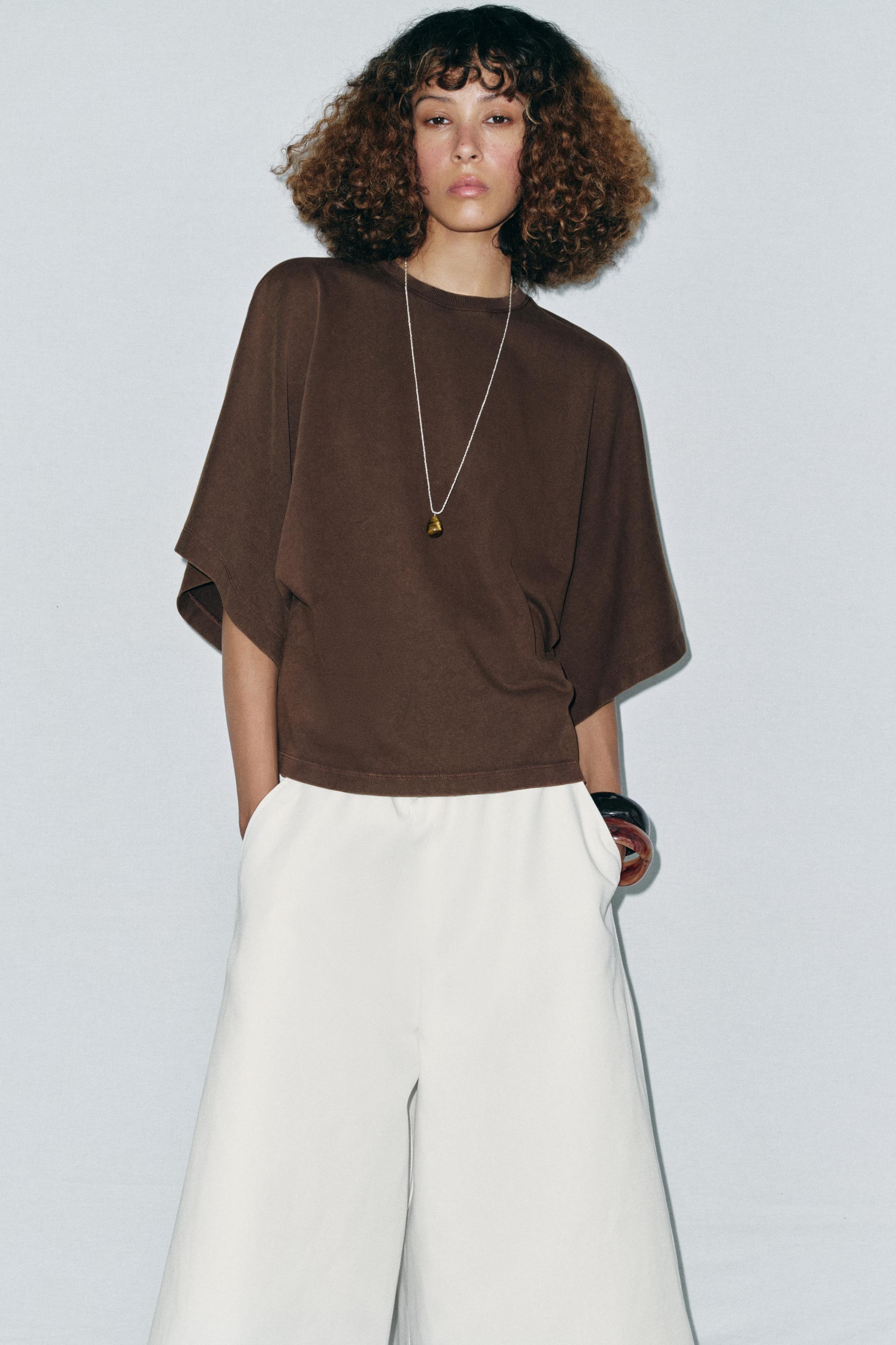 【ZARA】ウォッシュドケープスリーブTシャツ 4424/154/819 ウォッシュドケープスリーブTシャツ - ホワイト | ZARA Japan / 日本