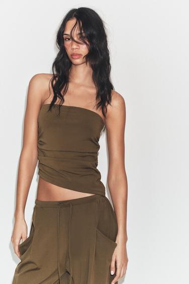 Zara TEXTURED DRAPED BANDEAU TOP - Khaki
