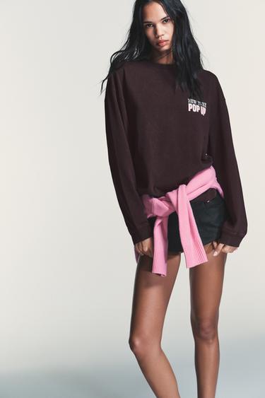 WASHED CONTRAST SLOGAN T-SHIRT - Brown by Zara