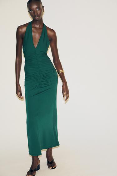 LANGES NECKHOLDER-KLEID MIT RAFFUNGEN - Dunkelgrün von Zara