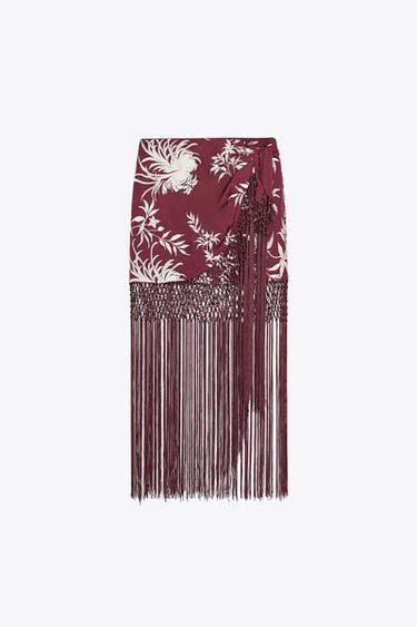 EMBROIDERED FRINGED WRAP SKIRT - Burgundy by Zara - Image 5