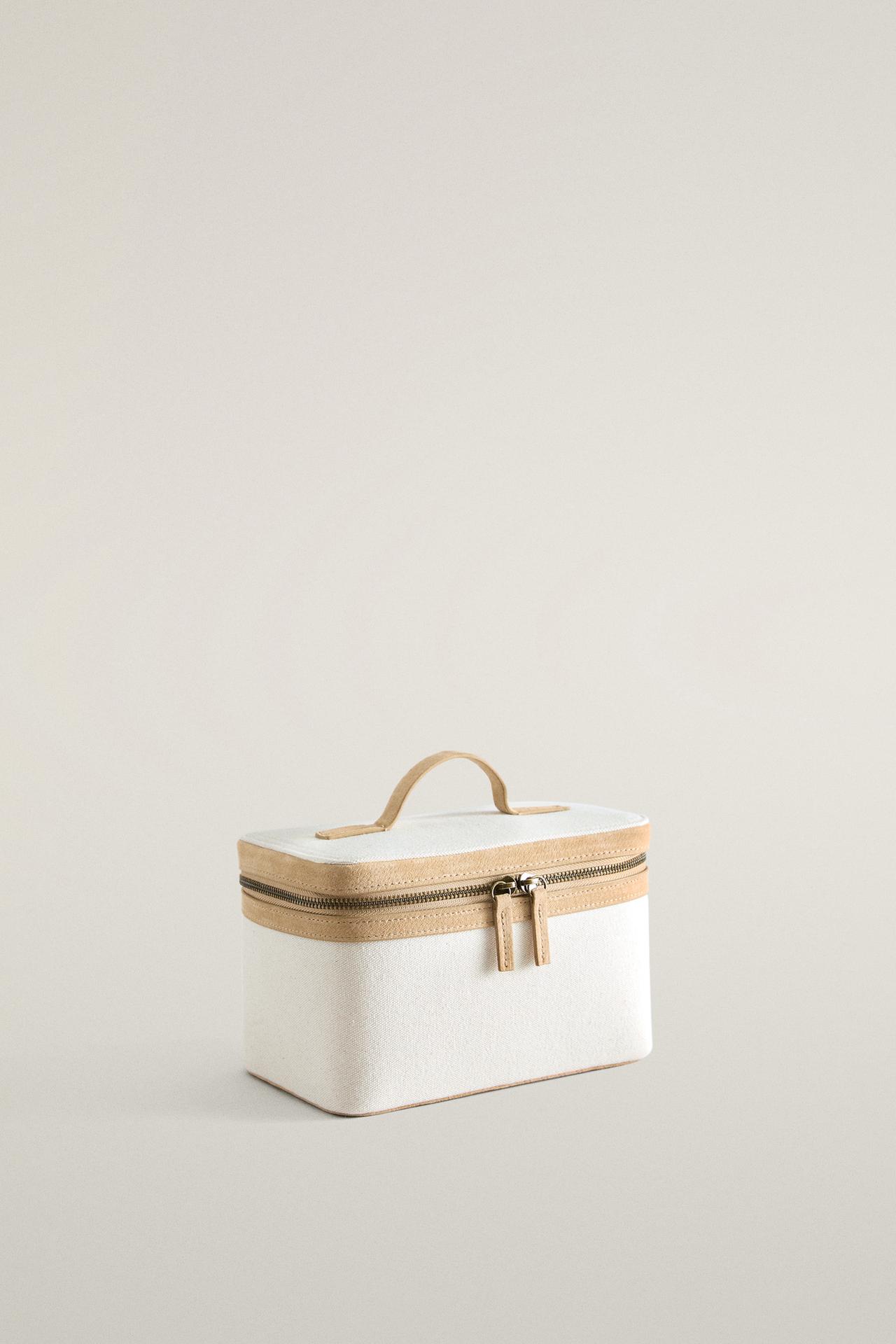 RIGID CANVAS LEATHER MAKEUP BAG — Off White