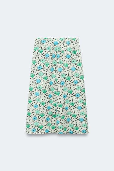 Zara Desenli - LIMITED EDITION KETEN KUMAŞ ÇİÇEK DESENLİ MİDİ ETEK