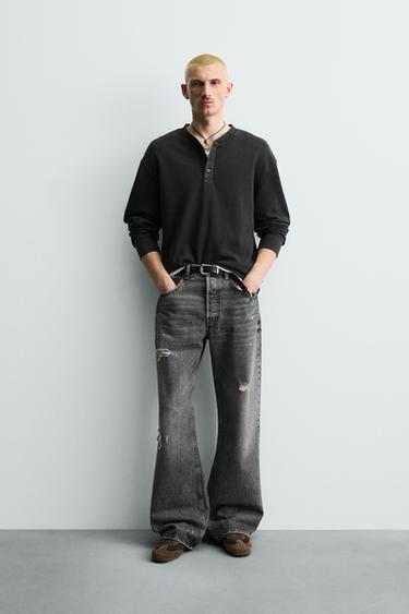 Zara MAJICA MREŽASTE TEKSTURE SA DUGMIĆIMA NA KRAGNI – Tamno antracit – Slika 0