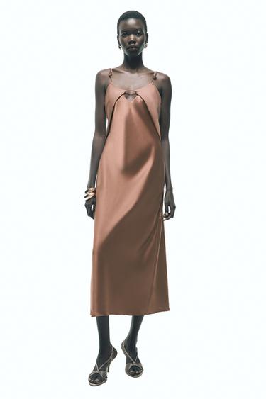 VESTIDO MIDI LENCERO SATINADO - Coñac de Zara - Imagen 0