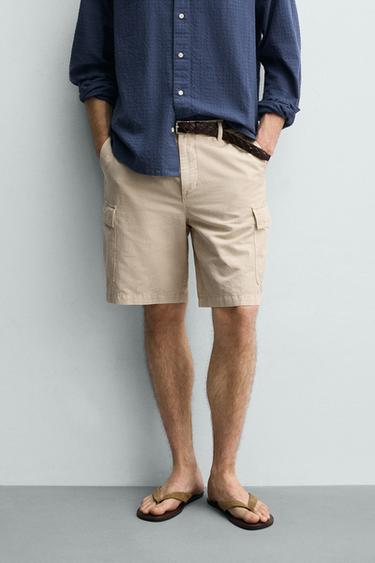 COTTON/LINEN CARGO BERMUDA SHORTS - Light beige by Zara