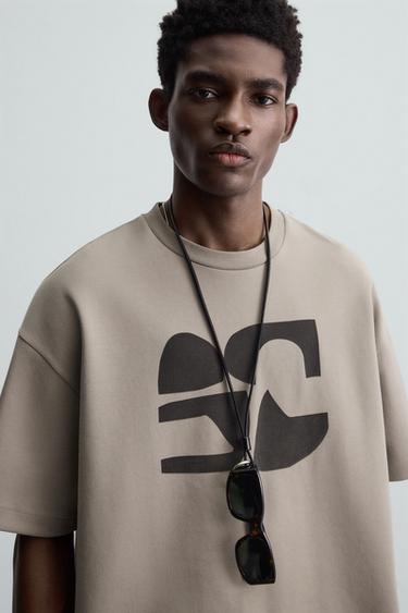 Zara TEXTURED PRINT T-SHIRT - Stone