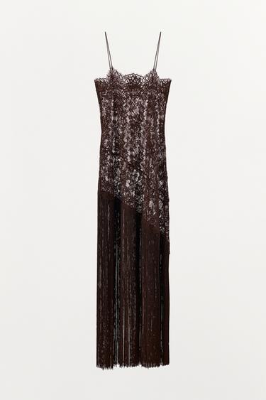 ROBE À BRETELLES EN DENTELLE ET FRANGES - Marron de Zara - Image 5
