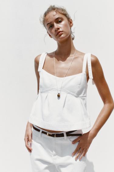 Zara Z1975 DENIM STRAPPY TOP - White
