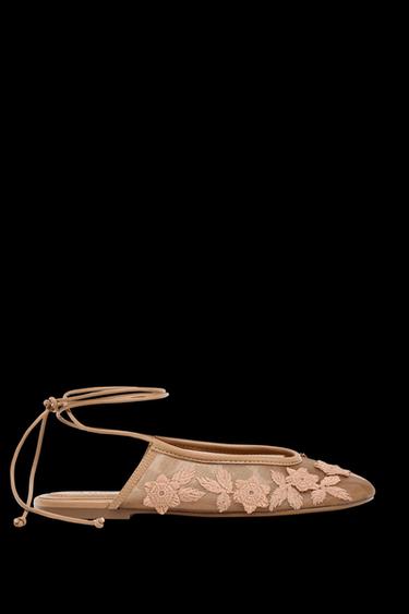 Zara LACED MESH EMBROIDERED BALLET FLATS - Beige - Image 0