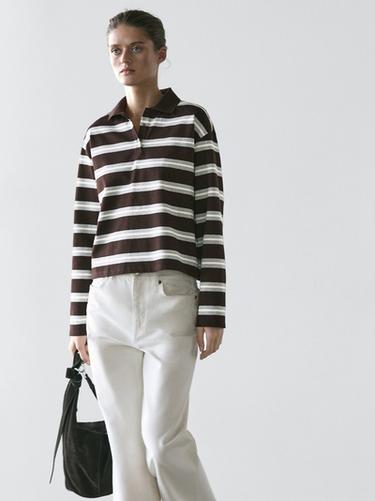 Zara Striped long sleeve cotton polo shirt - Brown
