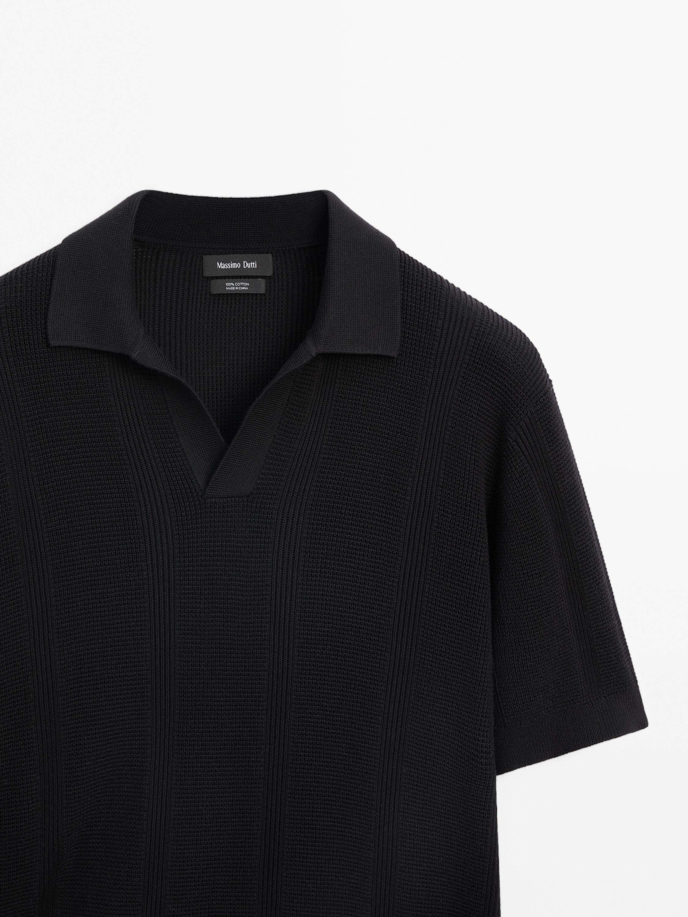 Textured cotton knit short sleeve polo shirt - Black | ZARA