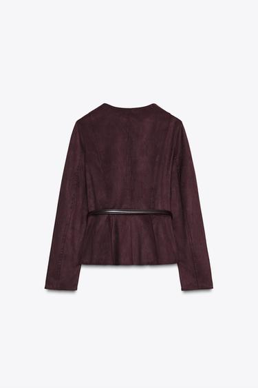 BELTED FAUX SUEDE PEPLUM JACKET - Burgundy by Zara - Image 7