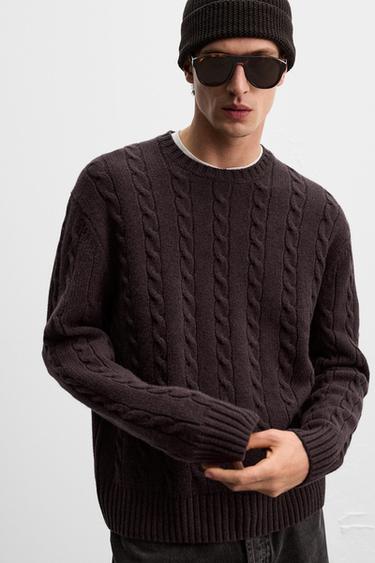 WOOL CABLE-KNIT SWEATER - Dark brown by Zara