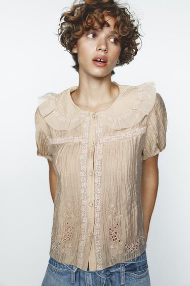 Zara EMBROIDERED PETER PAN COLLAR SHIRT - Beige