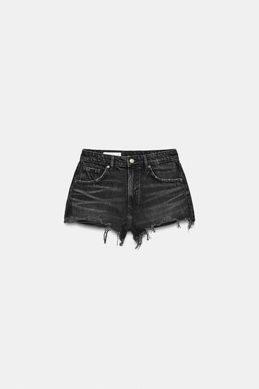 Zara TRF RIPPED HIGH-WAISTED DENIM SHORTS - Black