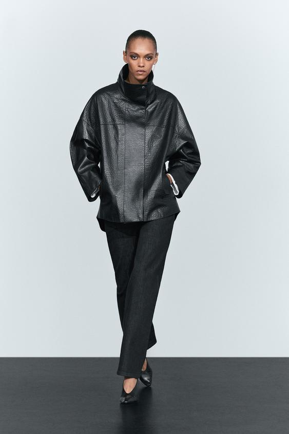 Zara High neck nappa leather jacket - Black - Image 0