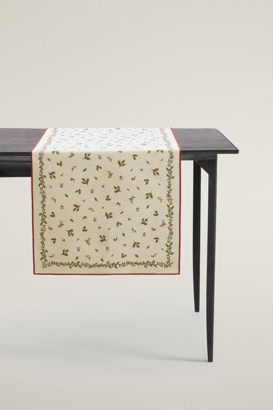 CHRISTMAS HOLLY JACQUARD TABLE RUNNER - Red by Zara - Image 0