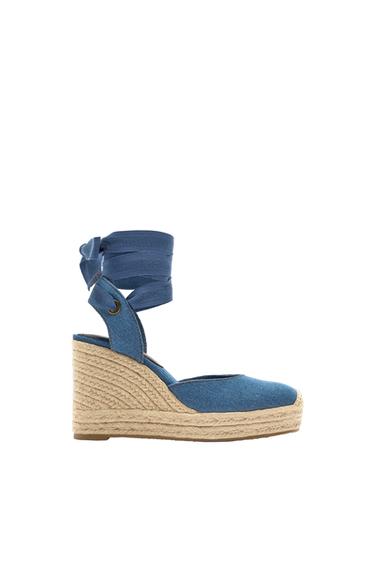 LACE UP DENIM WEDGE HEEL SHOES
