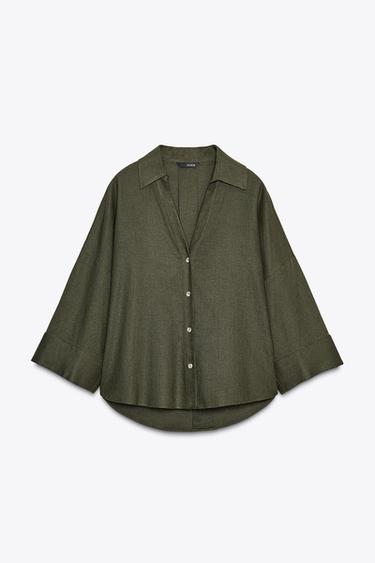 Zara WIDE SLEEVE LINEN SHIRT - Dark khaki
