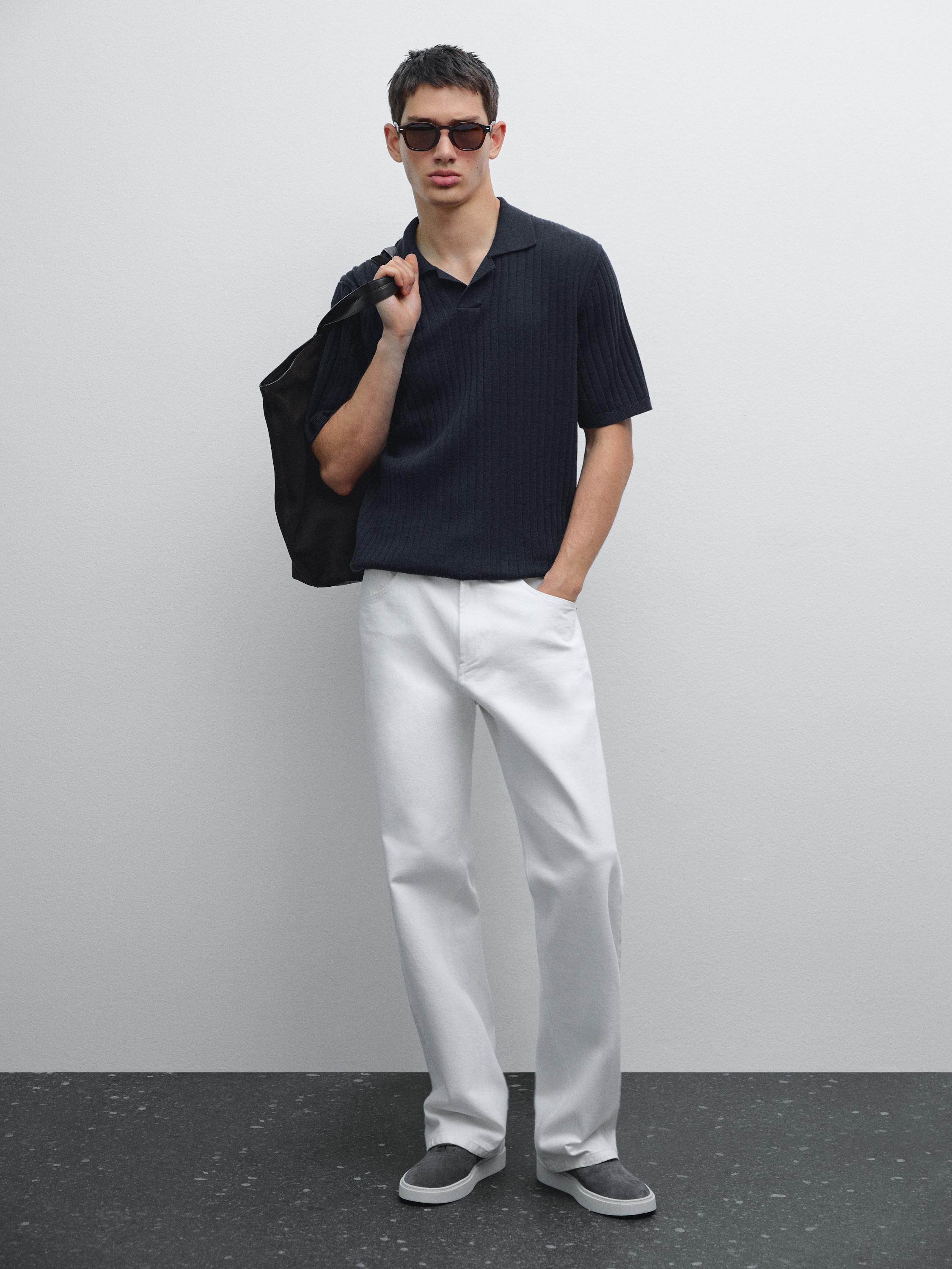 Ribbed knit short sleeve polo shirt