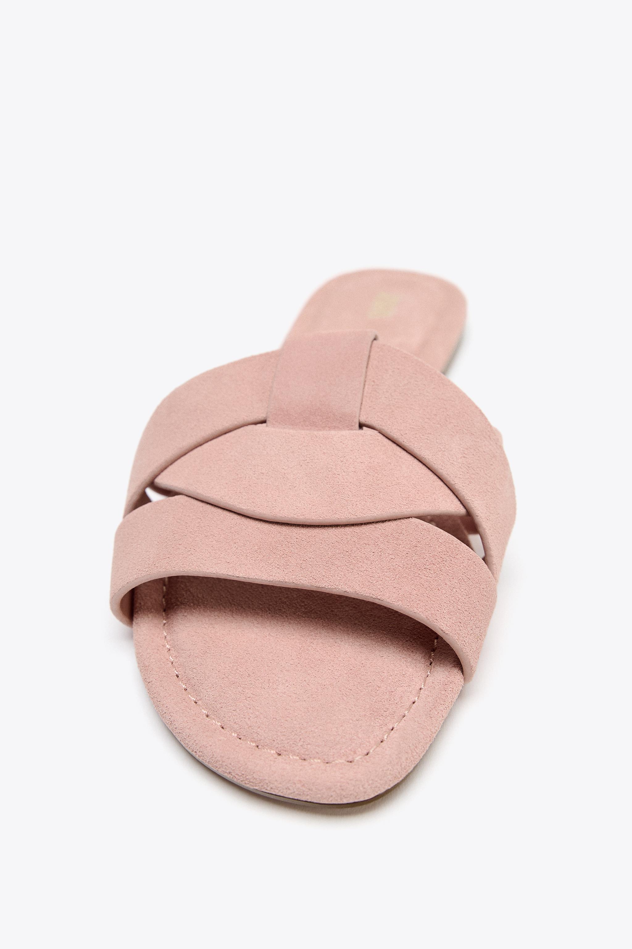プラダ　フラットレザーサンダル　ピンクベージュ クロスレザーフラットサンダル - ピンク | ZARA Japan / 日本
