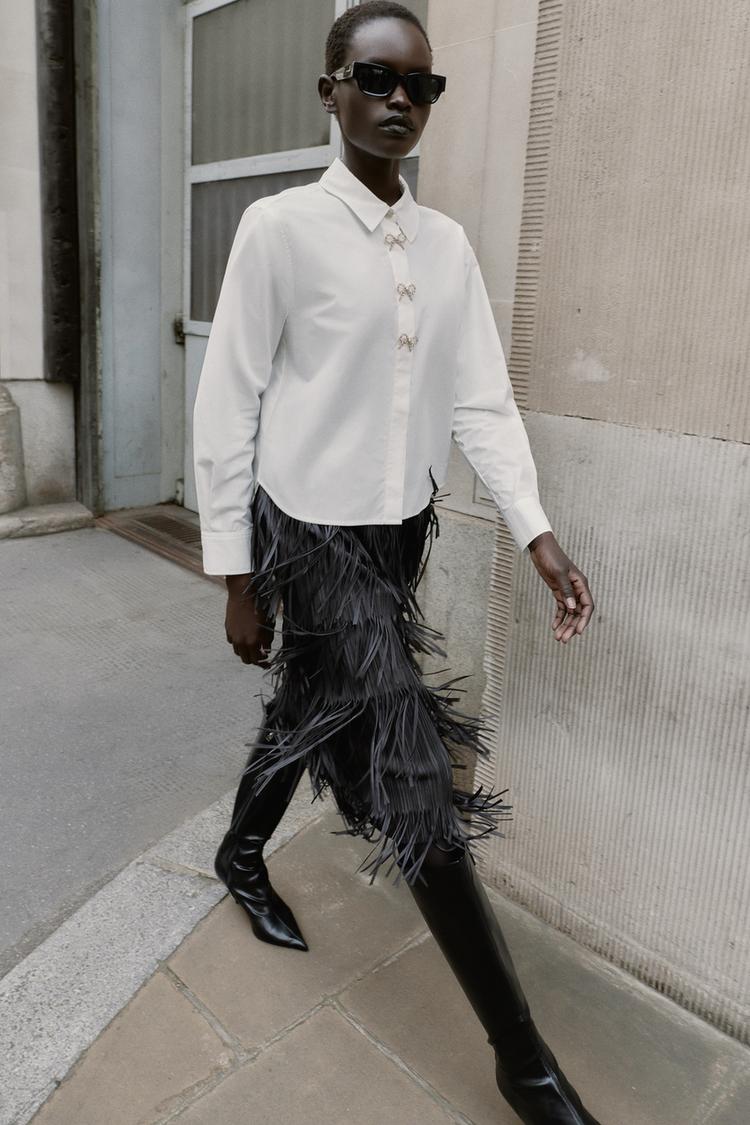 CAMICIA IN POPELINE CON BOTTONI GIOIELLO Bianco ZARA Italia