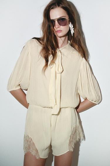 КОРОТКИЙ КОМБІНЕЗОН З МЕРЕЖИВОМ ZW COLLECTION - Екрю/бежевий Zara