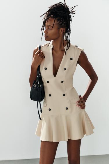 Zara BUTTONED RUFFLE MINI DRESS - Beige