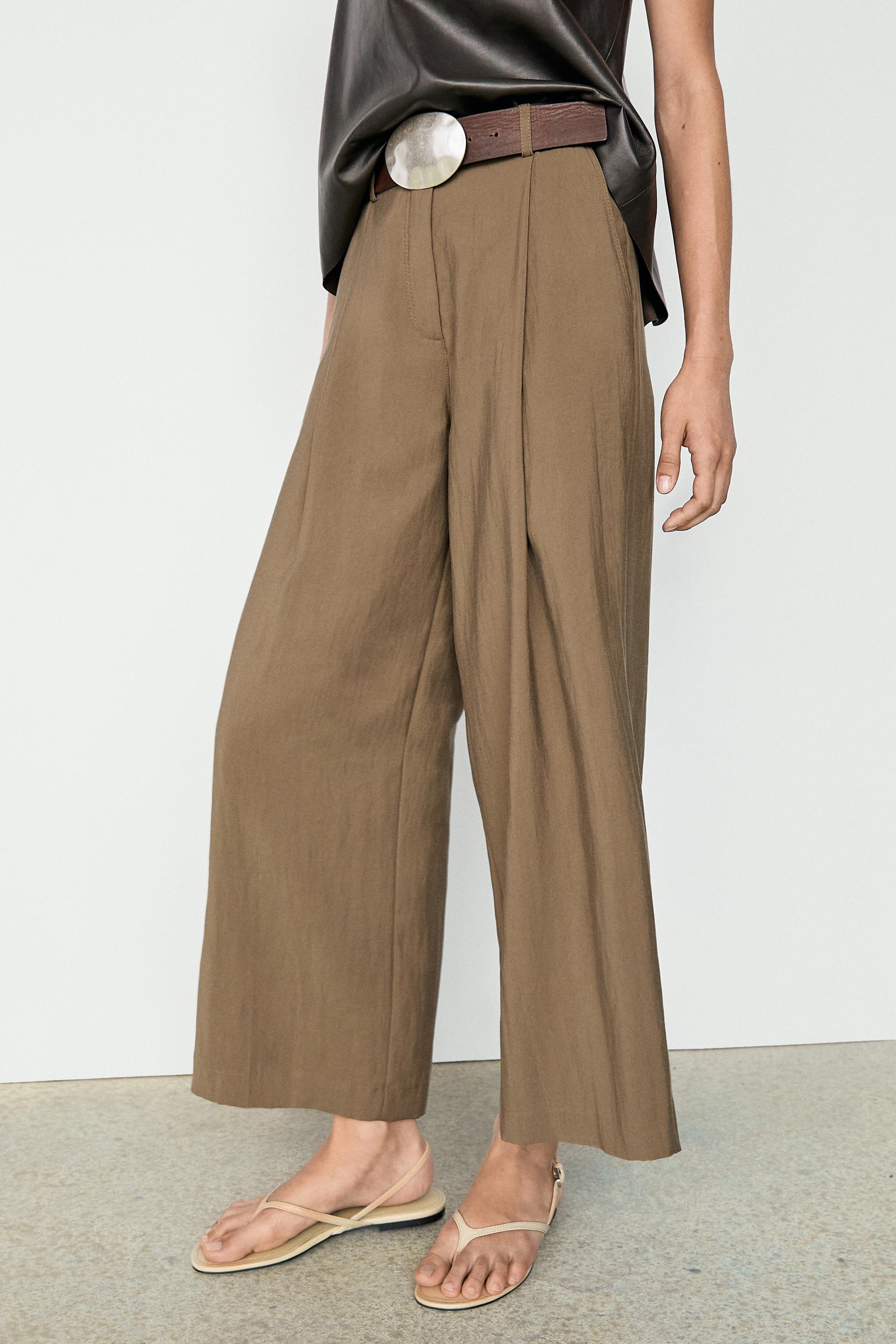 Flowing cropped wide-leg pants — Mid khaki