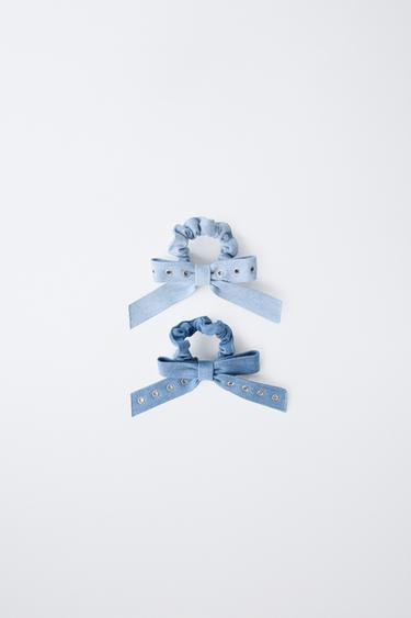 Zara TWO-PACK OF DENIM SCRUNCHIES WITH BOW - Blue