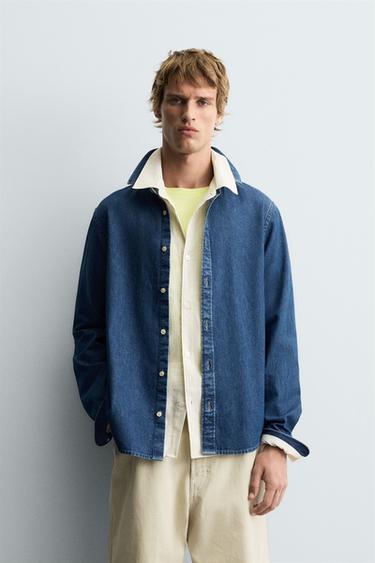DENIM SHIRT WITH TOPSTITCHING - Mid-blue by Zara