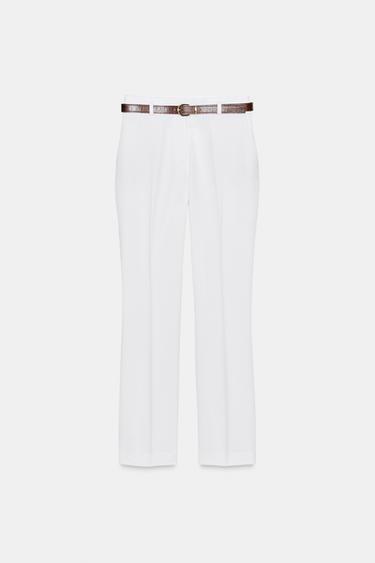 CALÇA RETA COM CINTO - Branco da Zara