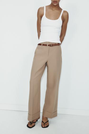 Zara CUFFED BELTED PANTS - taupe brown