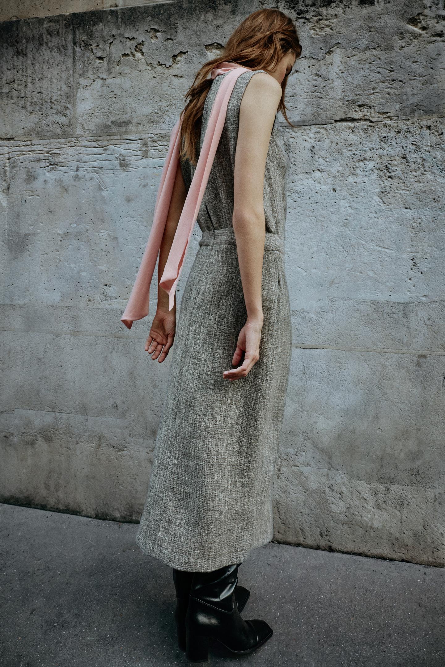Женское платье Zara Contrasting Tie MIDI, цвет: Серый меланжевый — фото 4