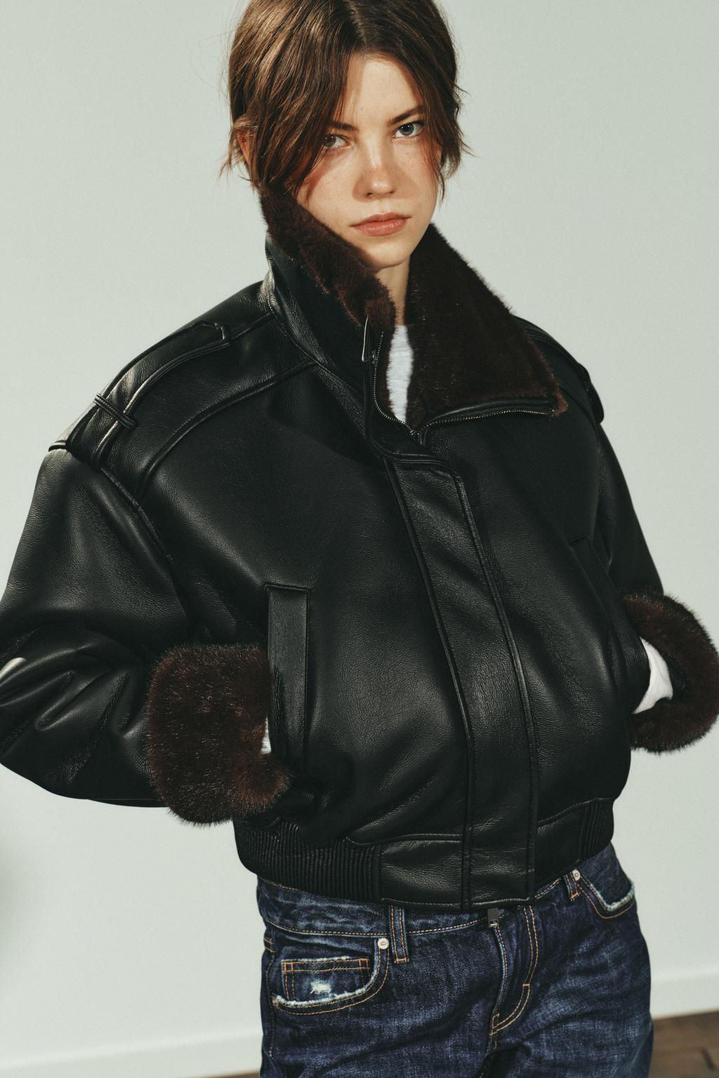 DOUBLE-FACED FAUX LEATHER BOMBER JACKET
