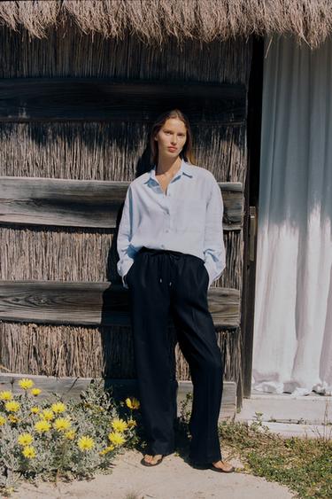Zara LINEN BLEND STRAIGHT PANTS - Navy blue