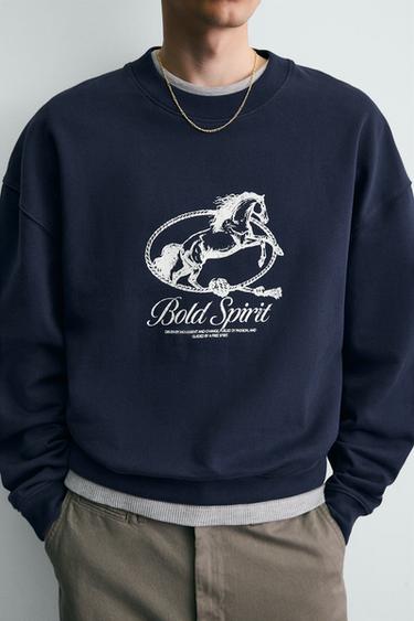SWEAT COL ROND IMPRIMÉ CHEVAL - Bleu marine de Zara - Image 4