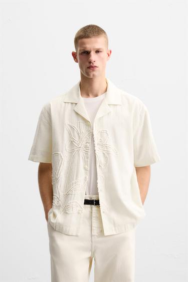SHIRT WITH FLORAL EMBROIDERY - Oyster-white by Zara
